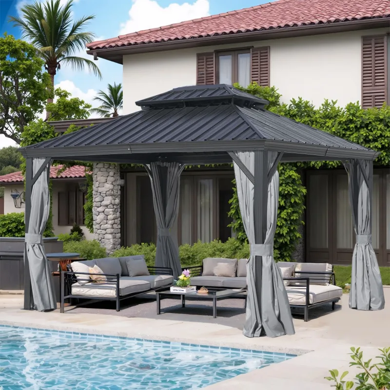 Hardtop Gazebo Aluminum Frame 2-Tier Steel Metal Roof with Curtain & Netting