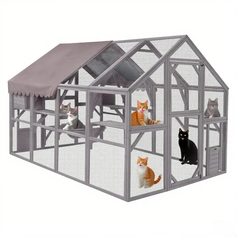 110" Gray Large Outdoor Cat Catio House- Playful Perch for Kittens - Water UV Proof Cover