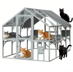 110" White Gray Large Outdoor Cat Catio House- Playful Perch for Kittens - Water UV Proof Cover
