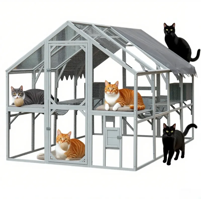 110" White Gray Large Outdoor Cat Catio House- Playful Perch for Kittens - Water UV Proof Cover