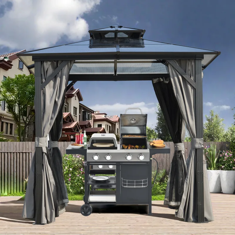 8'x8'BBQ Pavilion Grill Gazebo With Curtain Aluminum Frame Double Polycarbonate(PC) Sun Roof