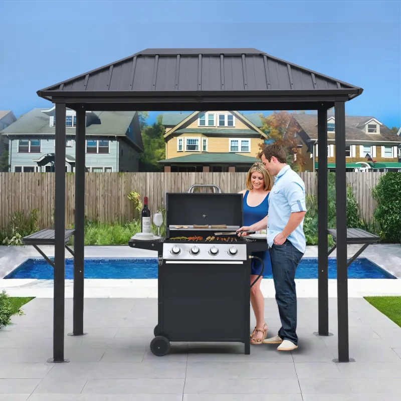 8'x5' Outdoor Hardtop BBQ Grill Gazebo Iron Metal Roof Aluminum Frame Ceiling Hook